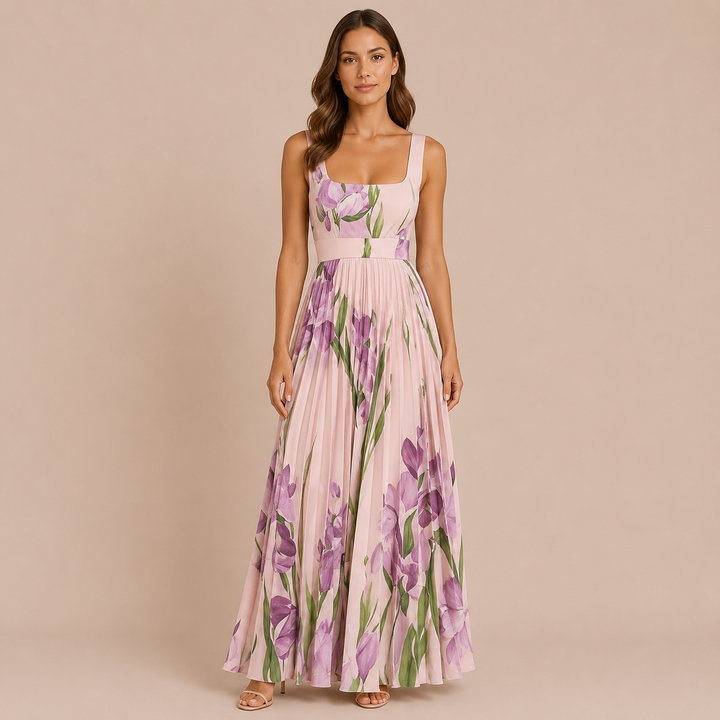 Iren - Midi dress with wide straps and pleated skirt