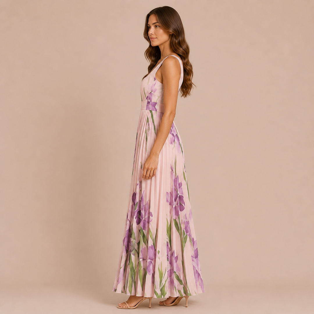 Irene - Midi Dress with Wide Straps and Pleated Skirt