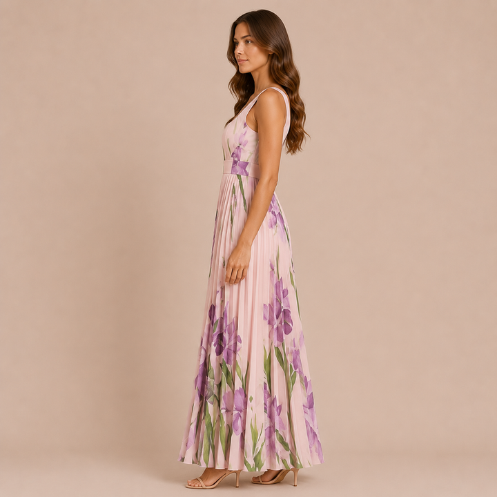 Irene - Midi Dress with Wide Straps and Pleated Skirt