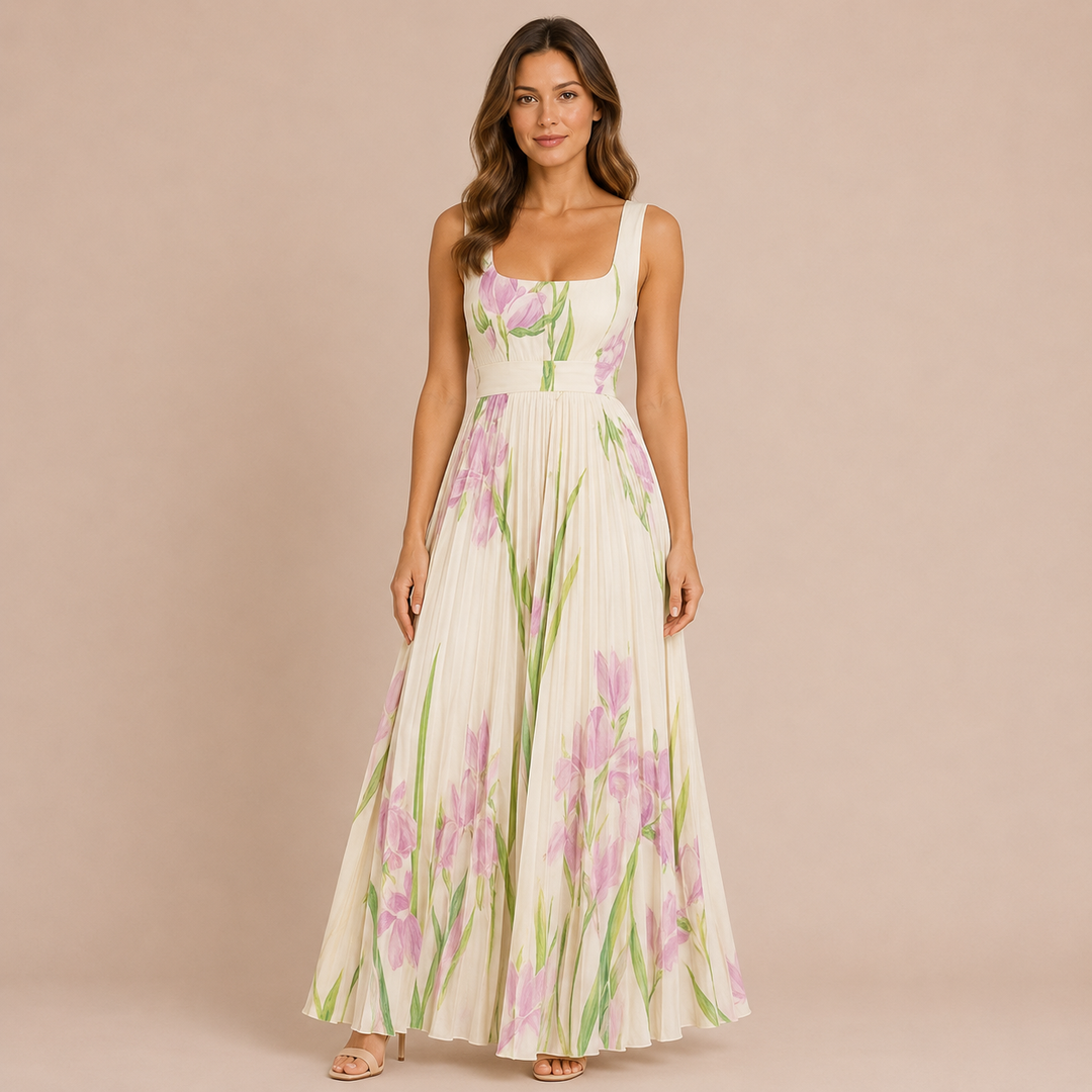 Irene - Midi dress with wide straps and pleated skirt