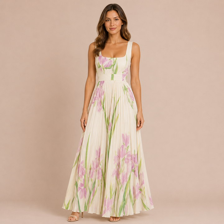 Irene - Midi dress with wide straps and pleated skirt