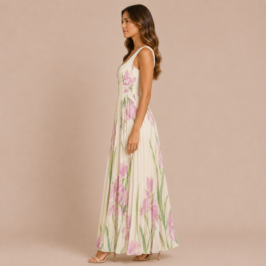 Iren - Midi dress with wide straps and pleated skirt