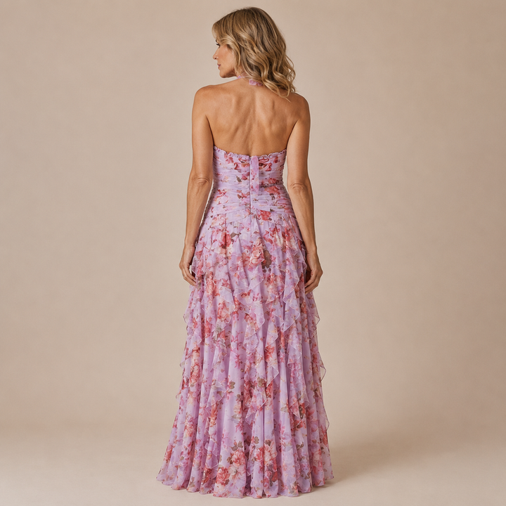 Violet - Halter dress with striking neckline and ruffled skirt