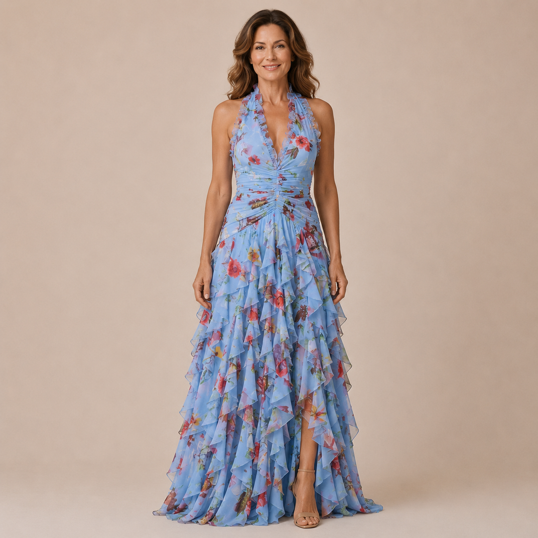 Violet - Halter dress with striking neckline and ruffled skirt