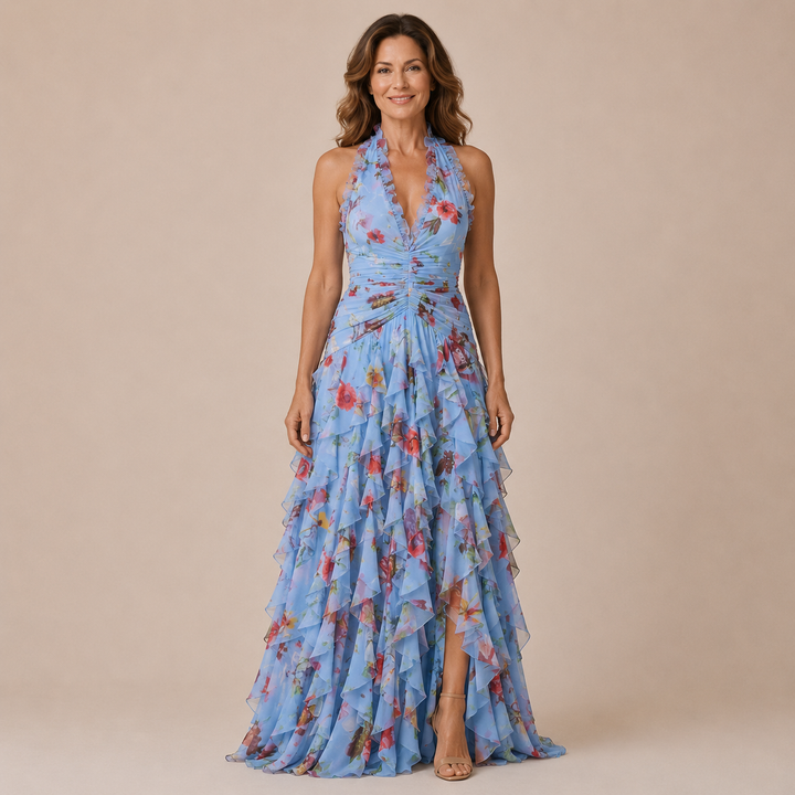 Violet - Halter dress with striking neckline and ruffled skirt