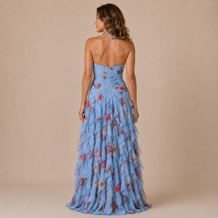 Violet - Halter dress with striking neckline and ruffled skirt