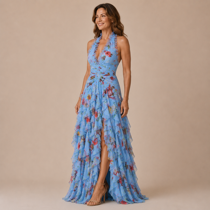 Violet - Halter dress with stunning neckline and ruffled skirt