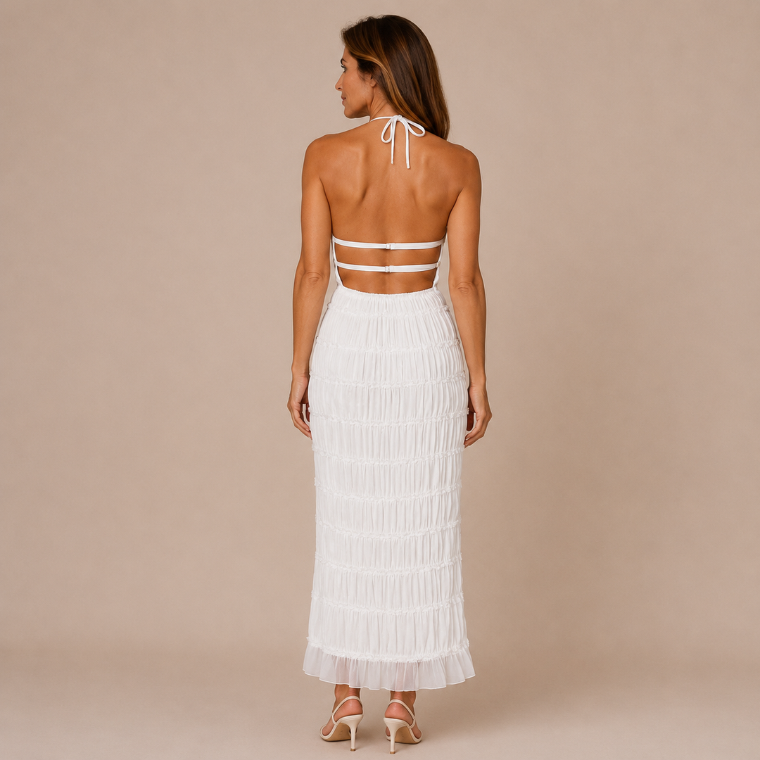 Julia - Long Halter Dress with Texture in Horizontal Layers