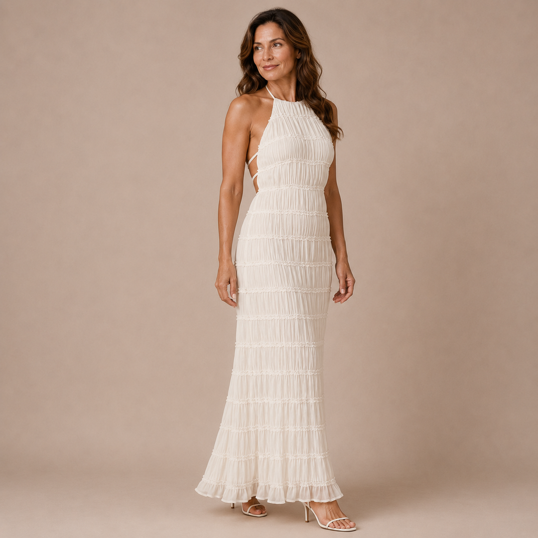 Julia - Long Halter Dress with Texture in Horizontal Layers