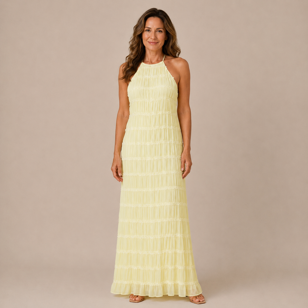 Julia - Long dress with halter neck and textured horizontal stripes