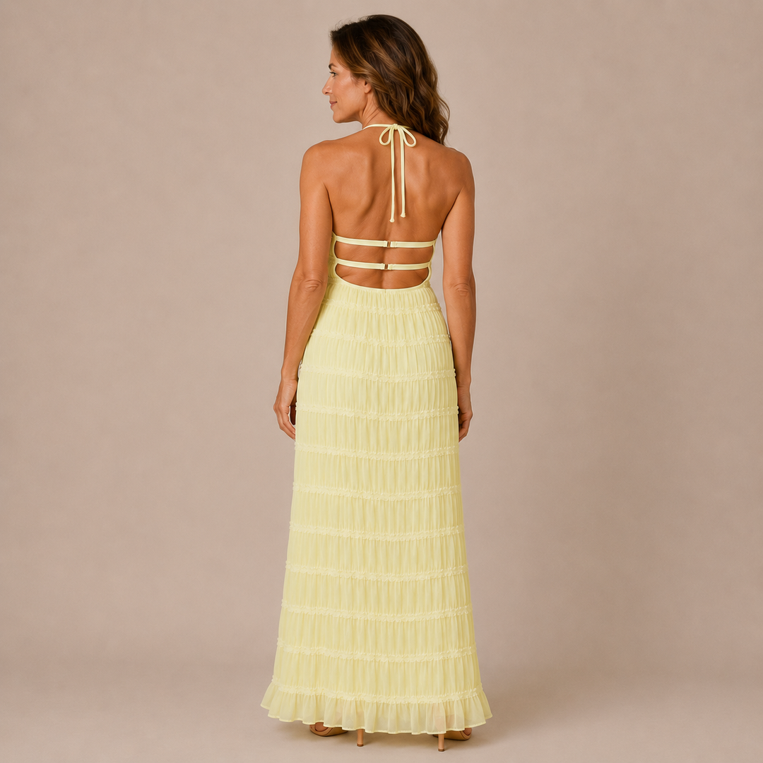 Julia - Long dress with halter neck and textured horizontal stripes
