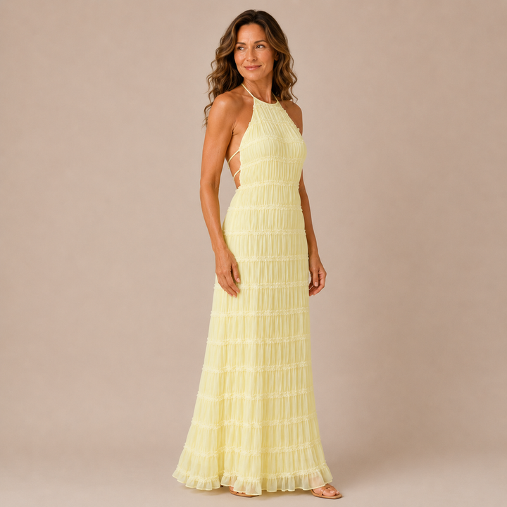 Julia - Long dress with halter neck and textured horizontal stripes