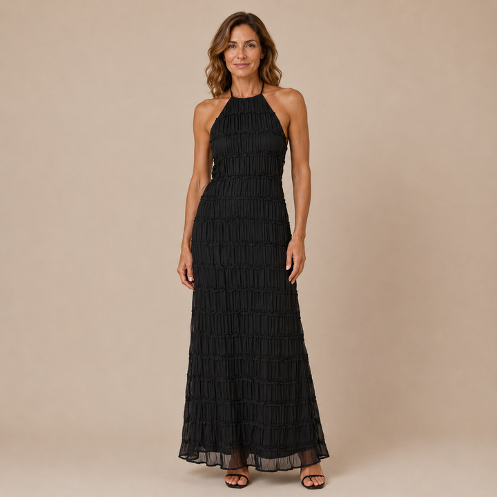 Julia - Long halter dress with textured horizontal stripes