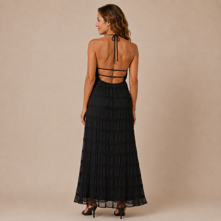 Julia - Long halter dress with textured horizontal stripes