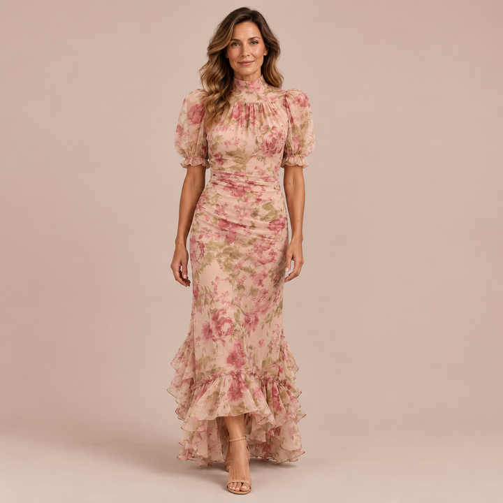 Dawn - Dress with High Neck, Puff Sleeves and Ruffles on the Skirt