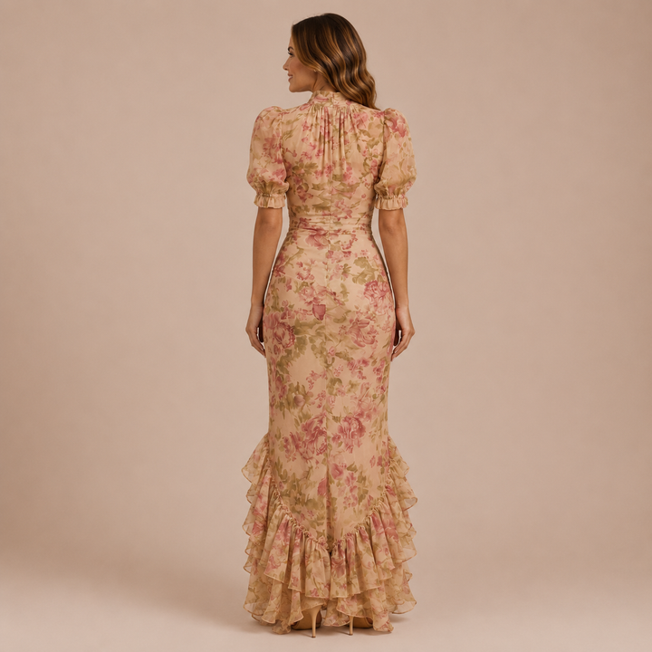 Dawn - Dress with High Neck, Puff Sleeves and Ruffles on the Skirt