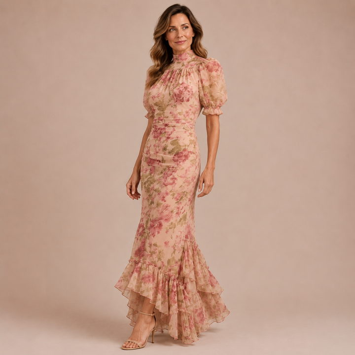 Aguara - Dress with High Neck, Puff Sleeves and Ruffled Skirt