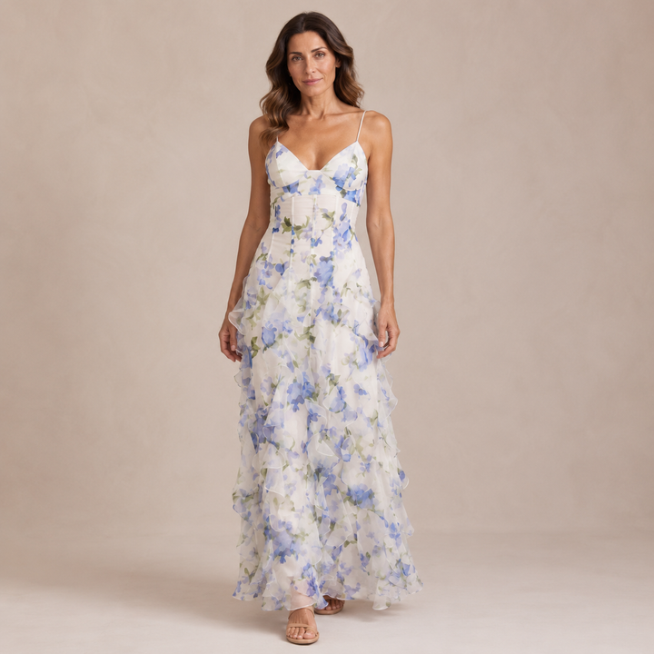 Nerea - Dress with thin straps and corset, adorned with a ruffled skirt