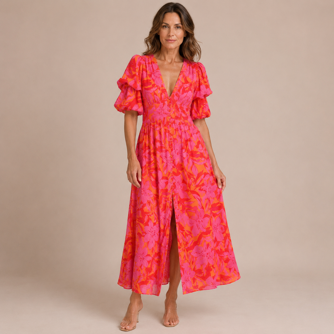 Manuela - Dress with Puff Sleeves and Central Button