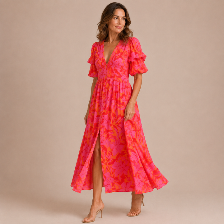 Manuela - Dress with Puff Sleeves and Central Button