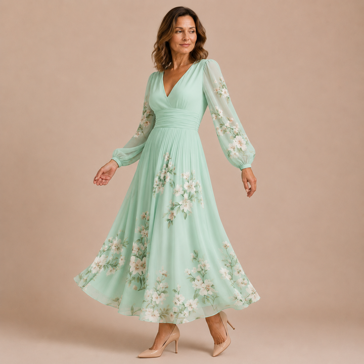 Celeste - Midi Dress with Long Sleeves and V-Neckline