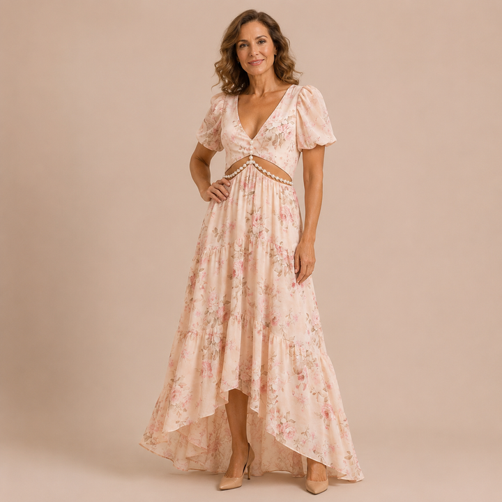 Aitana - Dress with Puff Sleeves and Cutout Decorated with Crystals at the Waist