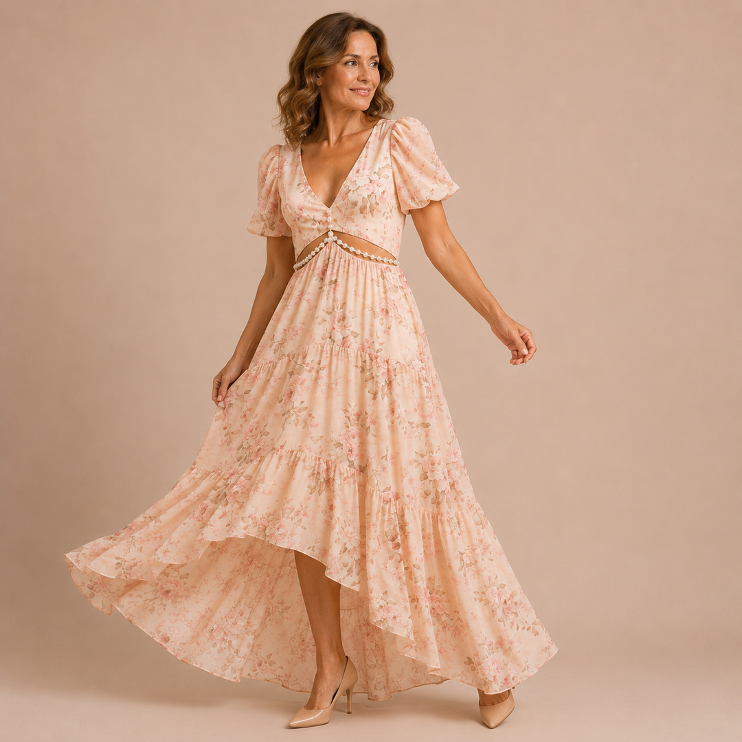Aitana - Dress with Puff Sleeves and Cutout Decorated with Crystals at the Waist