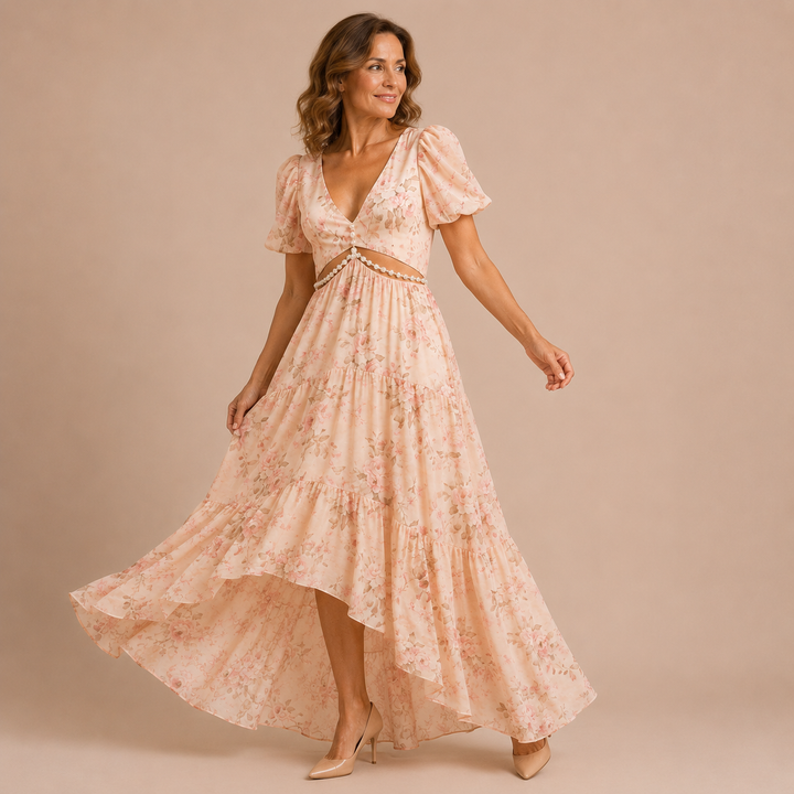 Aitana - Dress with puff sleeves and crystal cutout at the waist