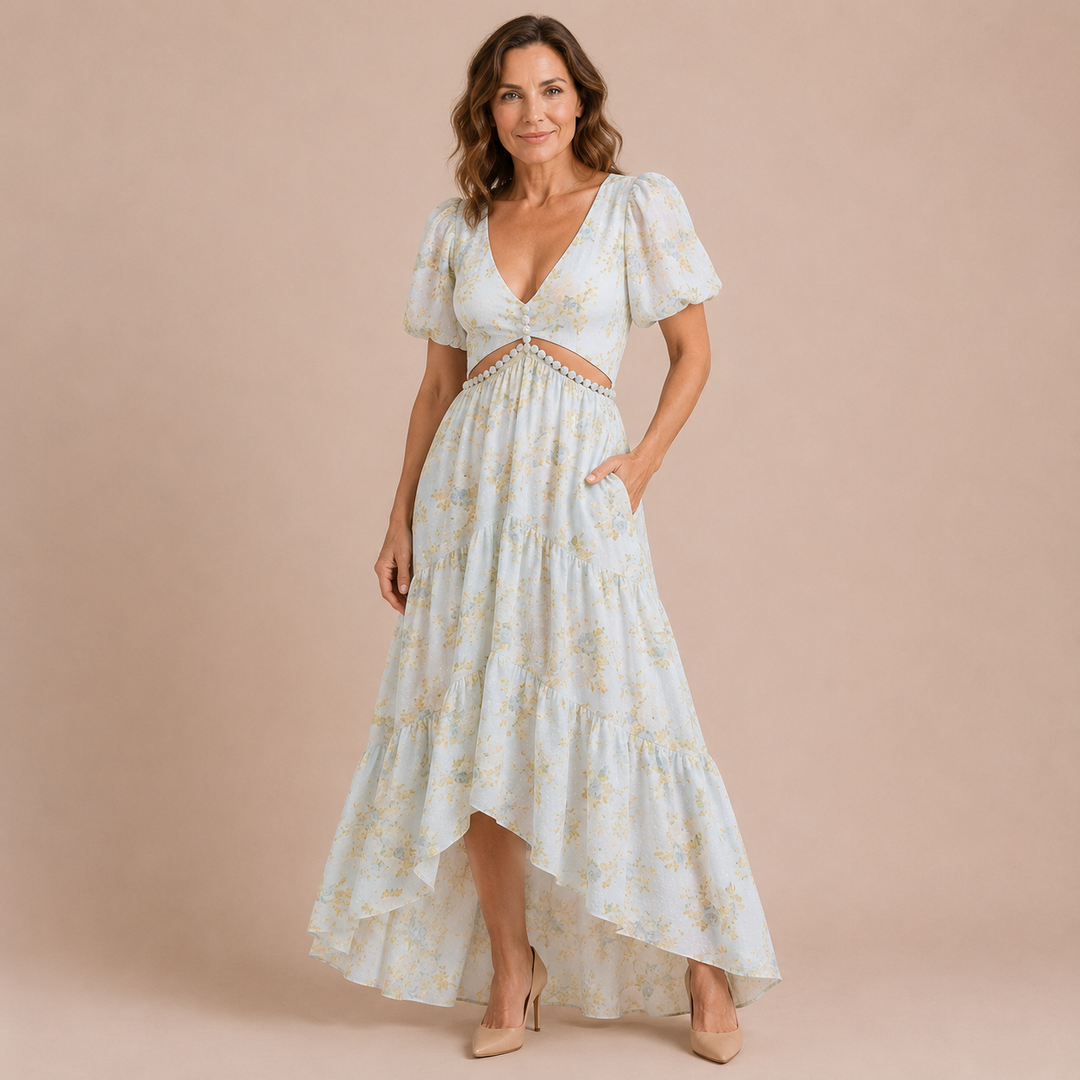 Aitana - Dress with Puff Sleeves and Elegant Cutout Decorated with Stones at the Waist