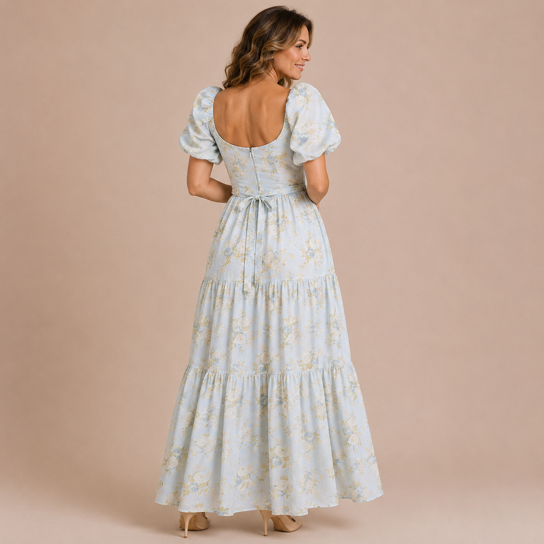 Aitana - Dress with Puff Sleeves and Cut-Outs Decorated with Stones at the Waist
