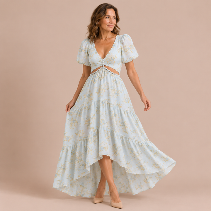 Aitana - Dress with Puff Sleeves and Elegant Cutout Decorated with Stones at the Waist