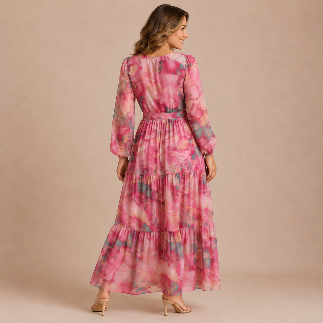 Pilar - Dress with Crossed V Neckline and Long Sleeves