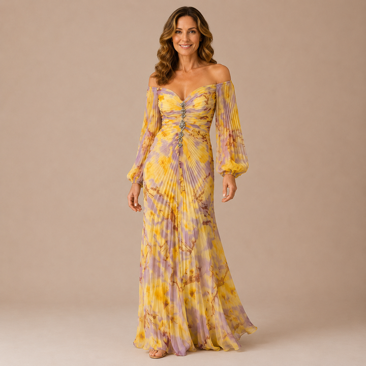 Adriana - Long Sleeve Dress with Pleated Tie-Dye Design