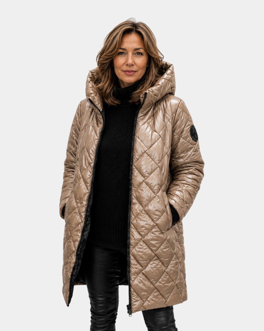 Diamond Patterned Long Quilted Hooded Coat