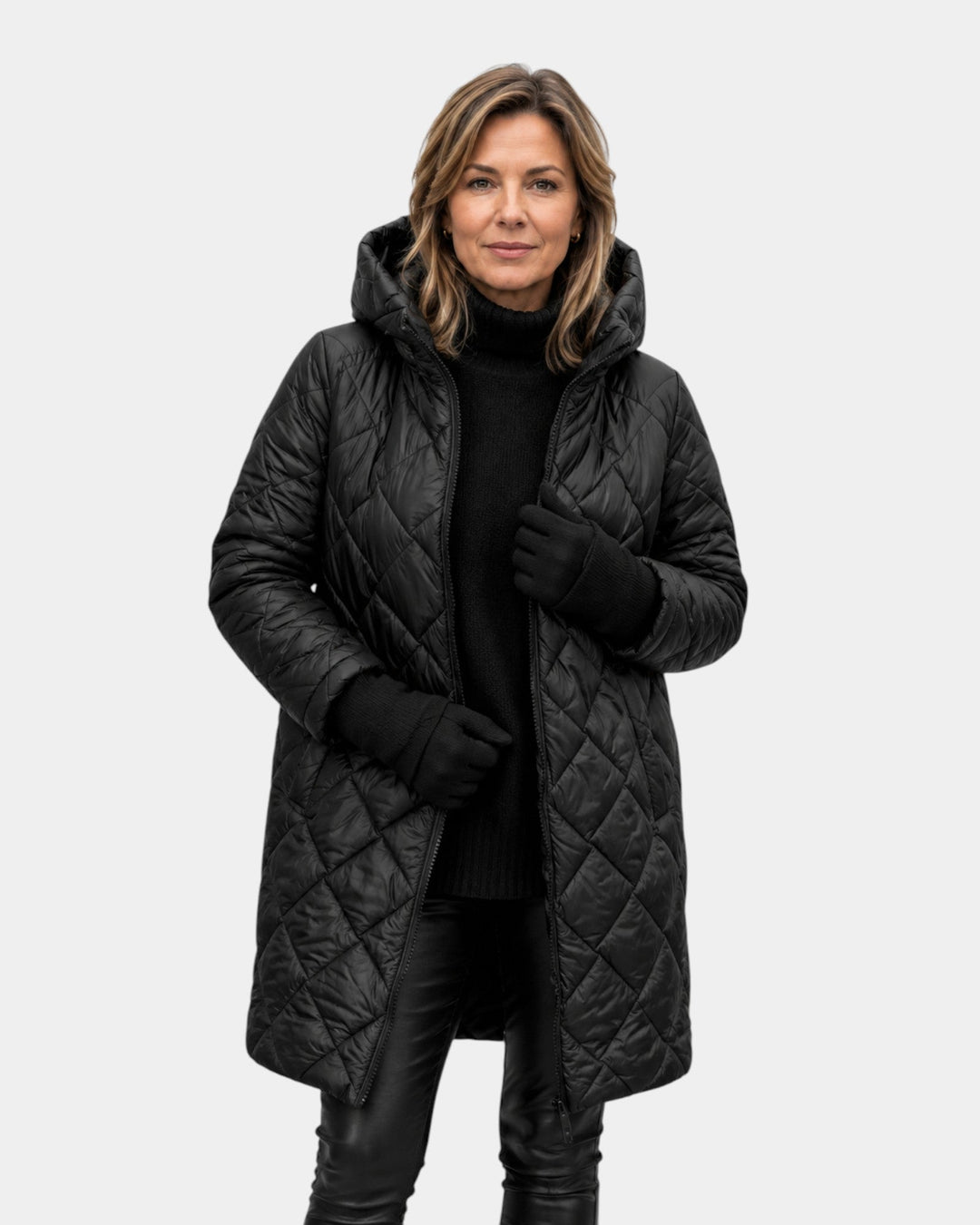 Diamond Patterned Long Quilted Hooded Coat