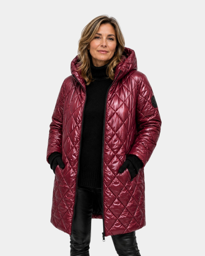 Diamond Patterned Long Quilted Hooded Coat