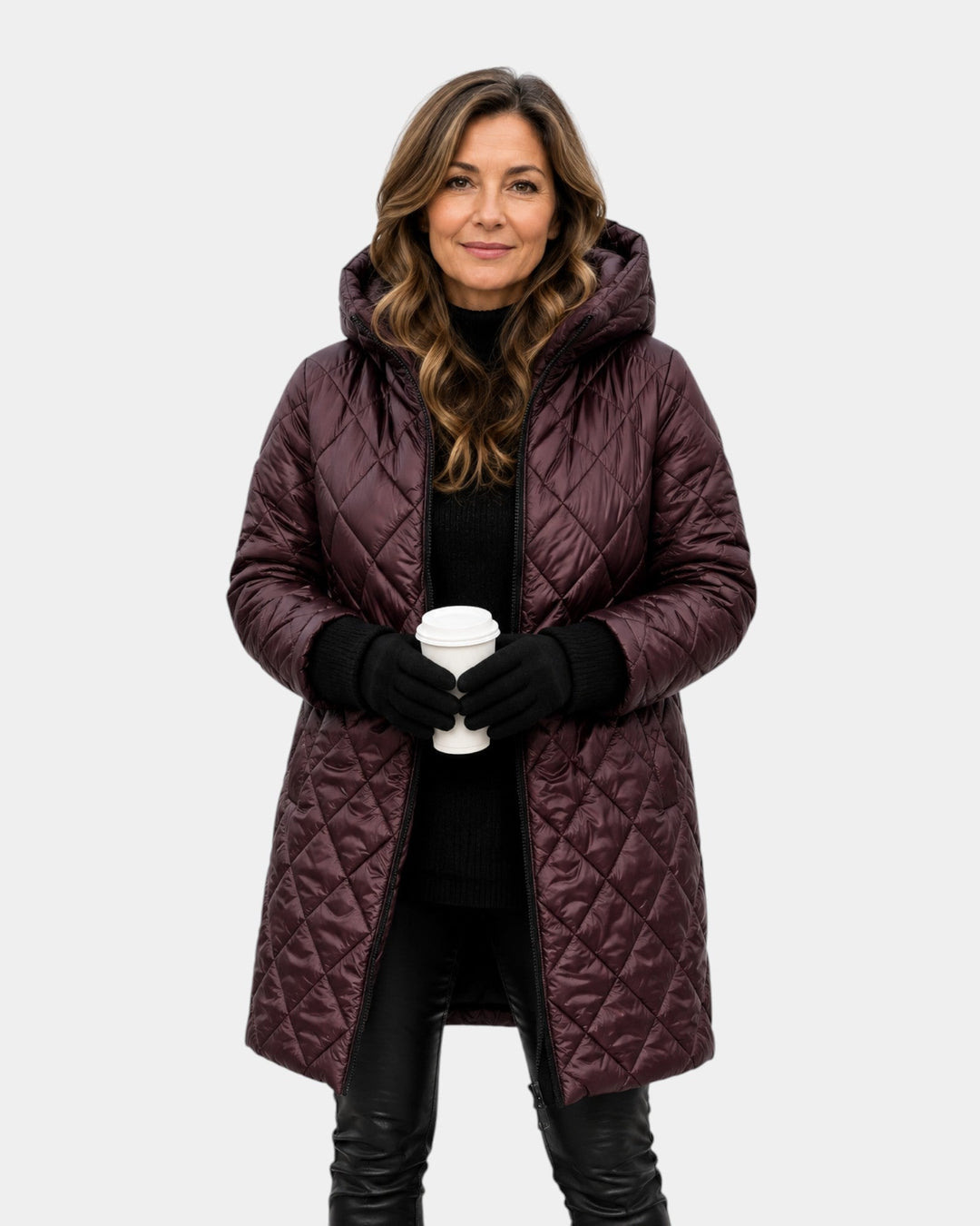 Diamond Patterned Long Quilted Hooded Coat