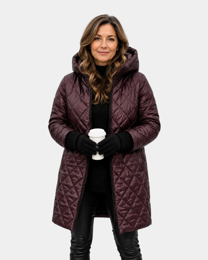 Diamond Patterned Long Quilted Hooded Coat