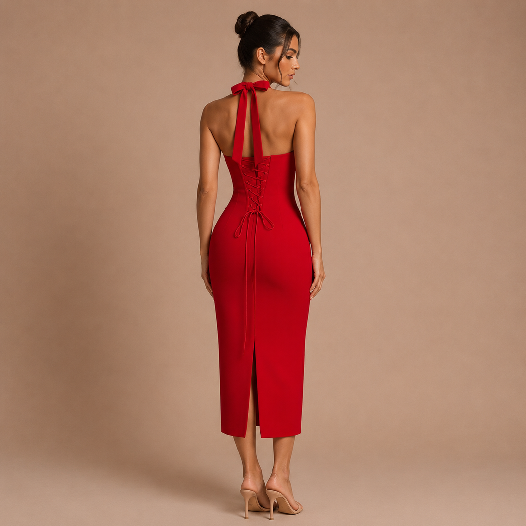 Rosa - Midi dress in fitted style with corset and halter straps