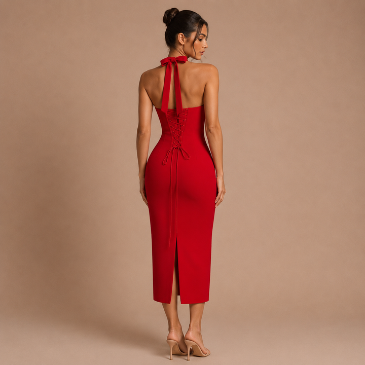 Rosa - Midi dress in fitted style with corset and halter straps