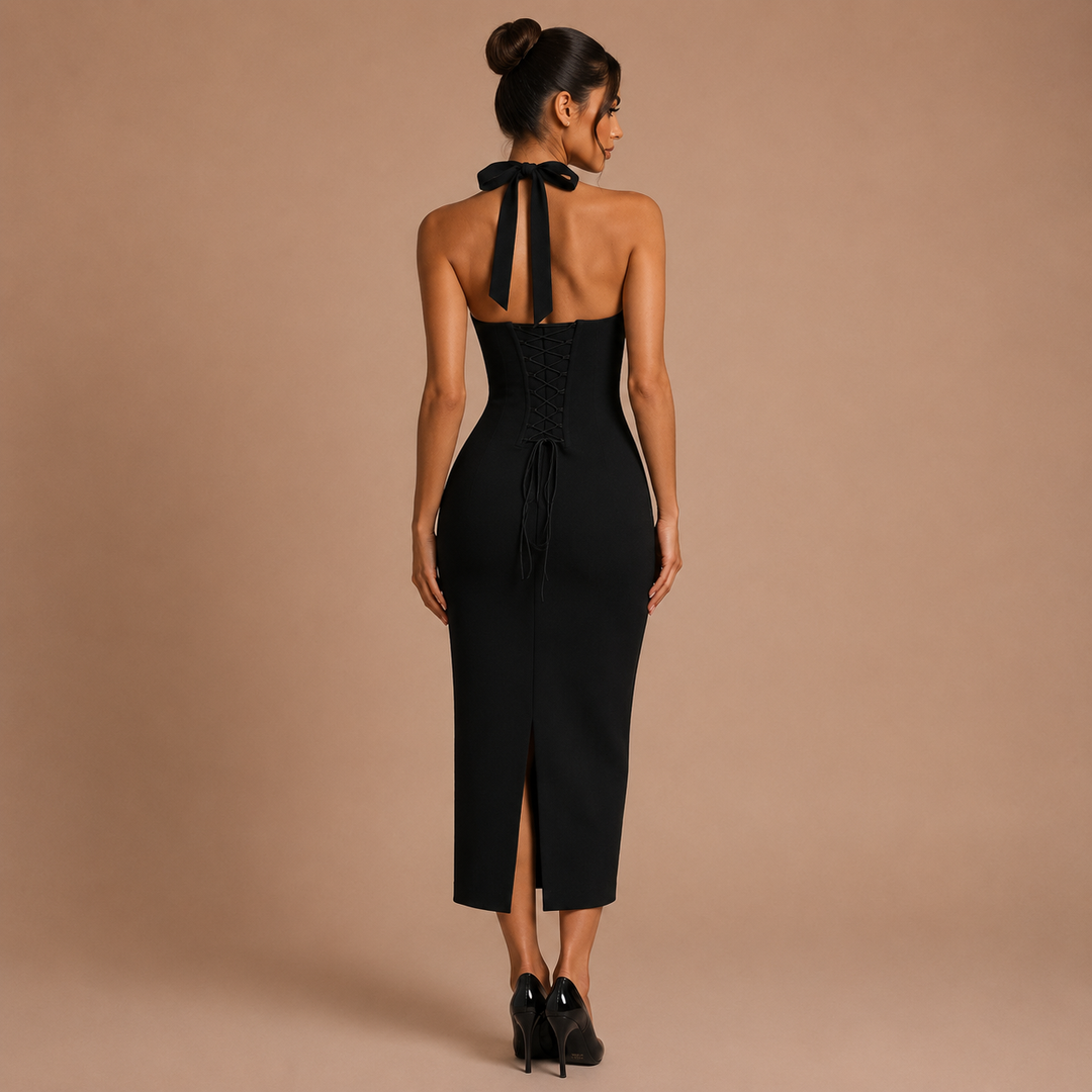 Rosa - Midi dress in fitted style with corset and halter straps
