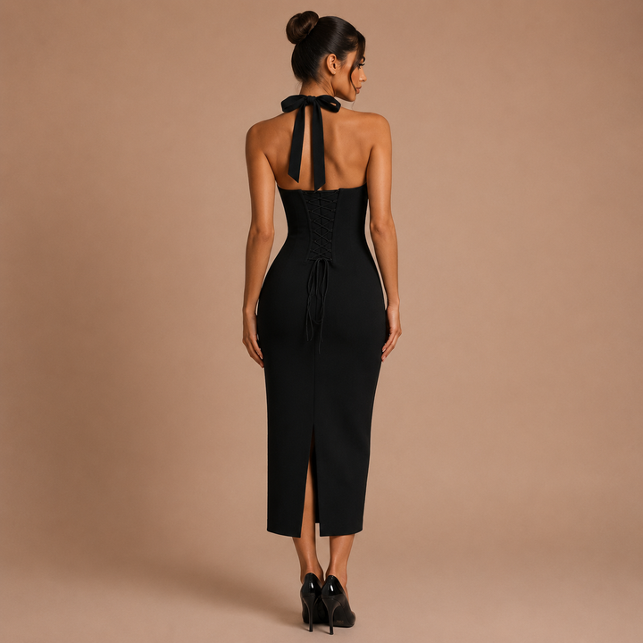 Rosa - Midi dress in fitted style with corset and halter straps
