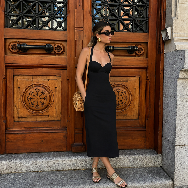 Rosa - Midi dress in fitted style with corset and halter straps