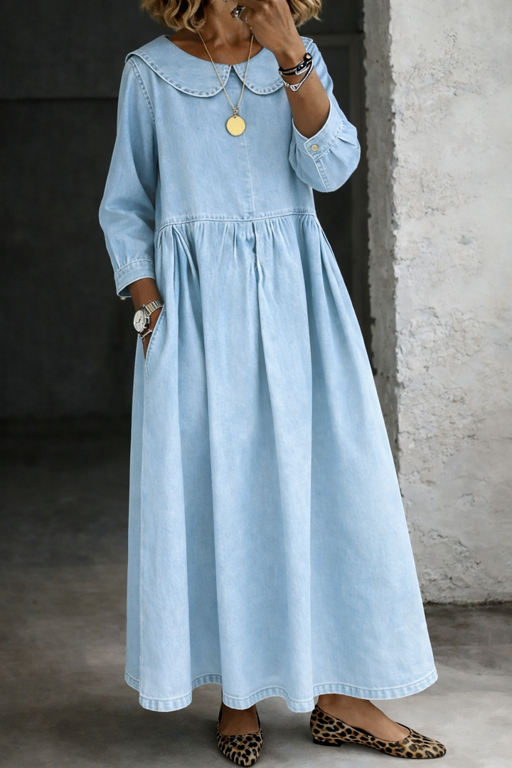 Leonor - Denim Dress Featuring a Charming Peter Pan Collar