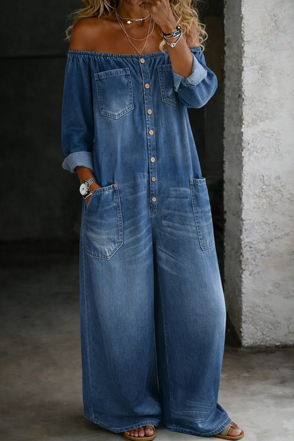 Helena - Long Sleeve Jumpsuit Featuring Exposed Shoulders