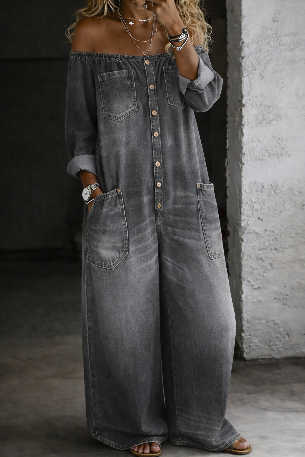 Helena - Long Sleeve Jumpsuit Featuring Exposed Shoulders