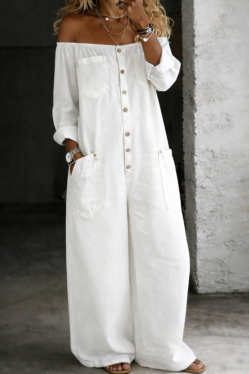 Helena - Long Sleeve Jumpsuit Featuring Exposed Shoulders