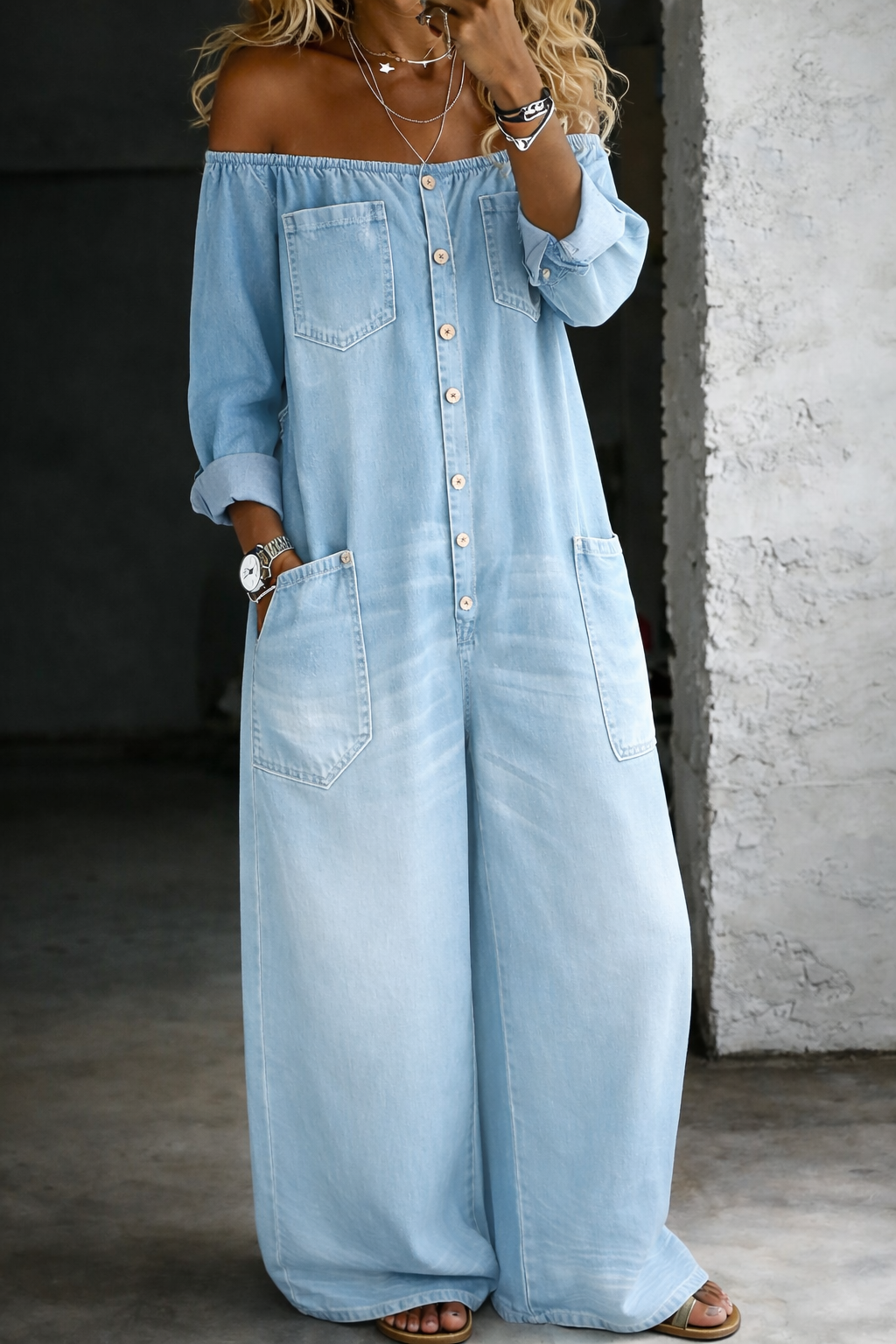 Helena - Long Sleeve Jumpsuit Featuring Exposed Shoulders