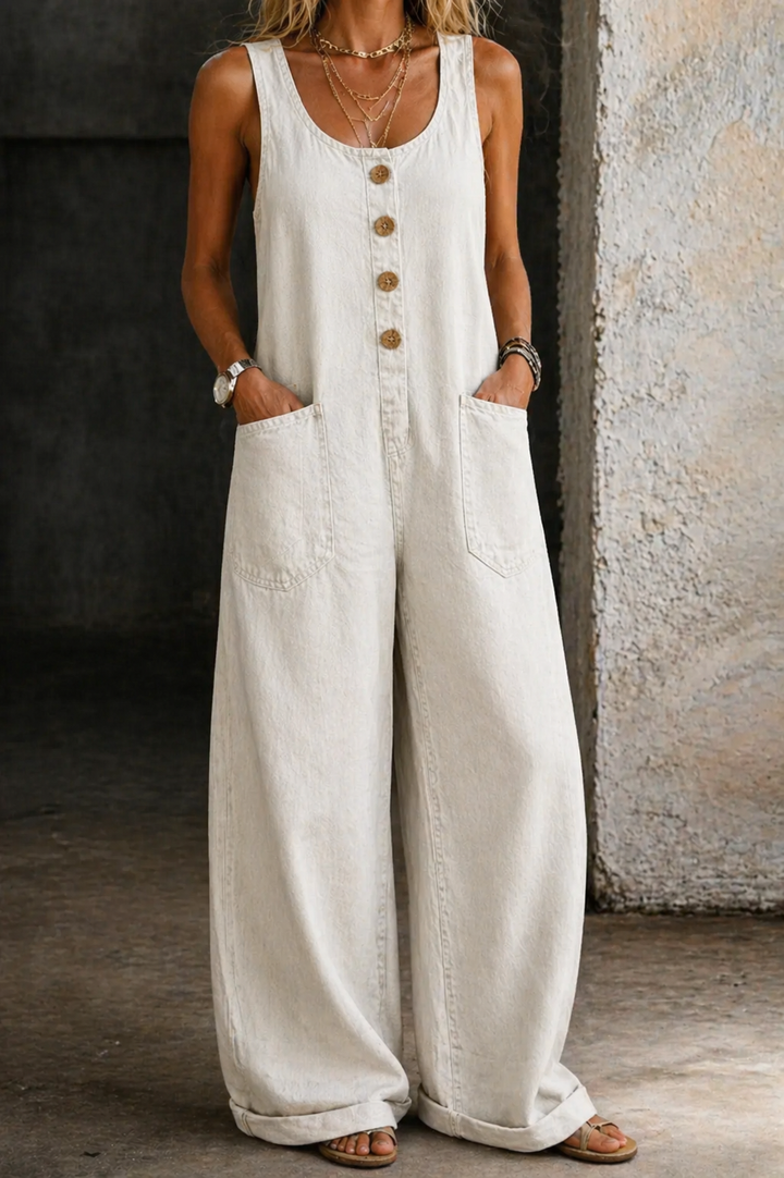Vânia - Retro Distressed Denim Cotton Jumpsuit
