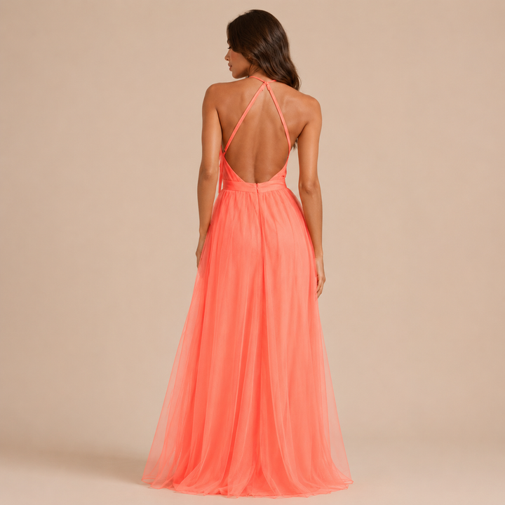 Elisa – Long Coral Dress with Halter Neckline and Open Back